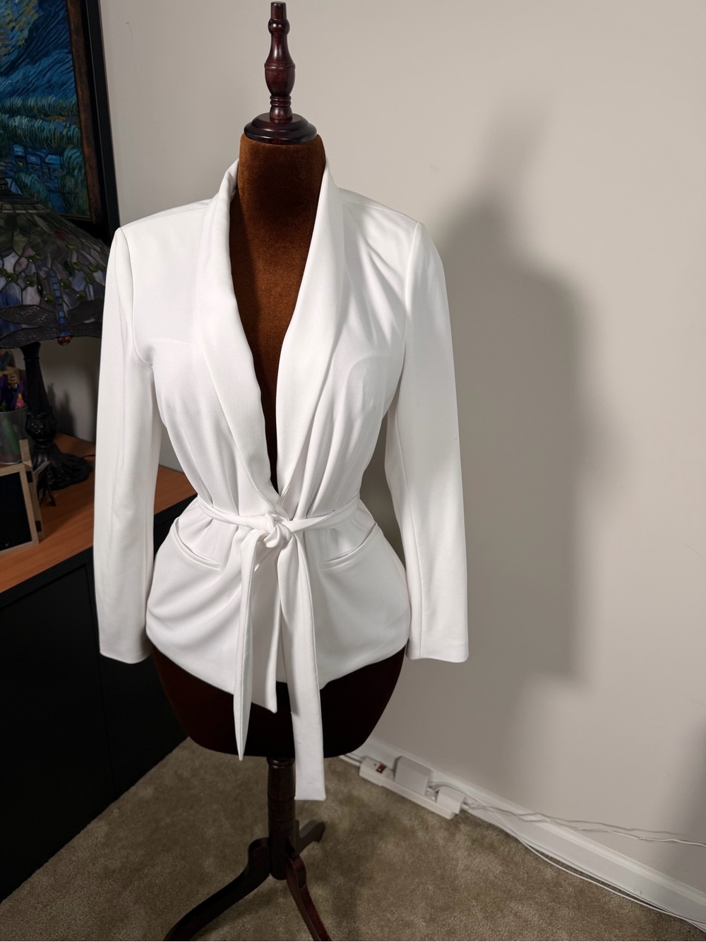 White House Black Market White Tie-Waist Shawl Collar Blazer